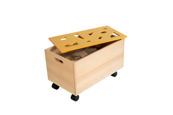 BRUDERHAUS DIAKONIE Holzbausteinwagen mit 126 Fröbelbausteinen inkl. Puzzle-Deckel (50 mm)