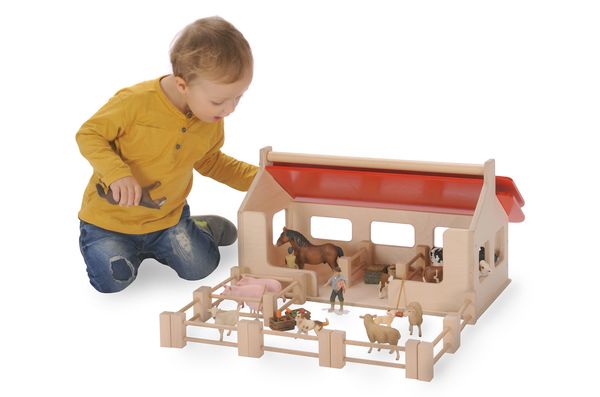 Bauernhof aus Holz mit aufklappbarem Dach, Maße 55 x 32 cm Bauernhof aus Holz mit aufklappbarem Dach, Maße 55 x 32 cm