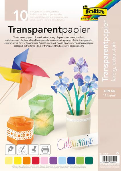 FOLIA Transparentpapier, farbig sortiert, DIN A4, 10 Blatt