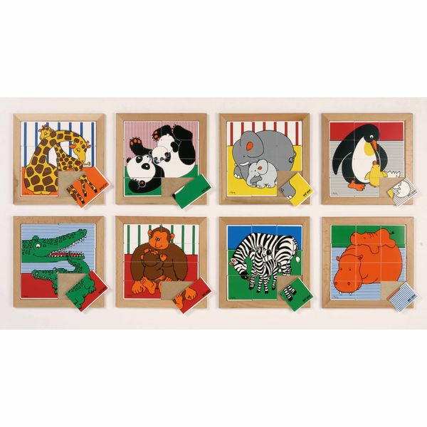 puzzle, wooden frame, animal cards, striped background, colorful animals