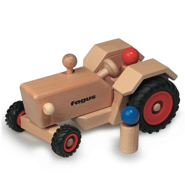 FAGUS Traktor mit Anhängerkupplung + 2 Figuren, Holz, Länge 24 cm, ab 2 Jahre