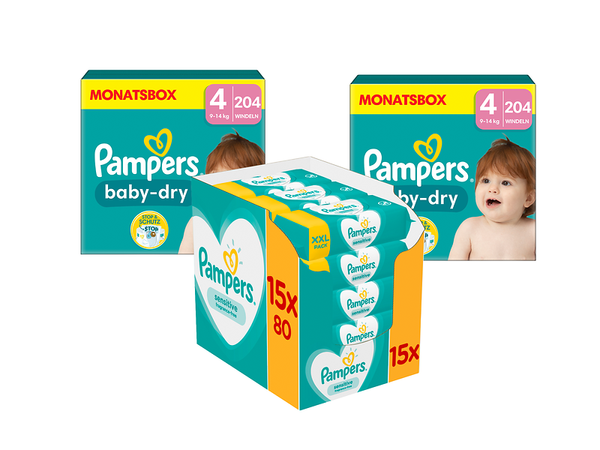 Pampers Baby Dry Gr. 4 Maxi (9-14kg), 2 Kartons (408 Windeln) +  Pampers Feuchttücher Sensitiv, 15 Packungen (1.200 Tüchern)