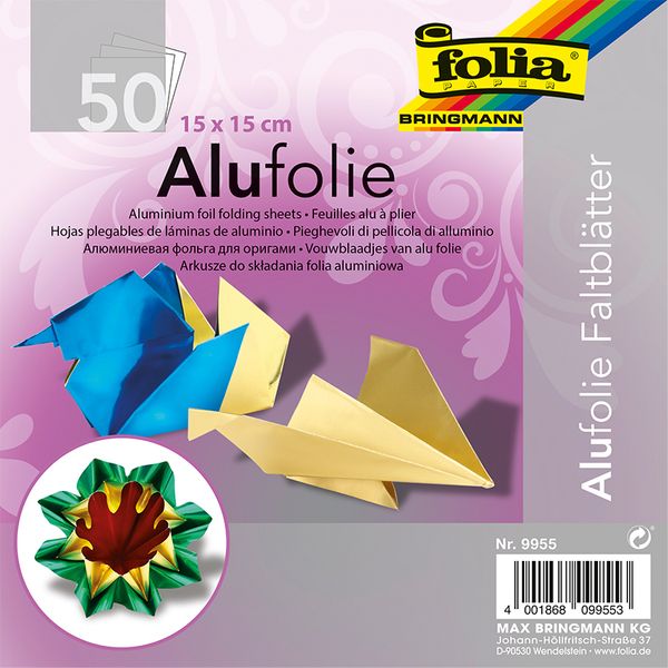 FOLIA Origamipapier Alufolie, beidseitig kaschiert, 15x15 cm, 50 Blatt bunt sortiert