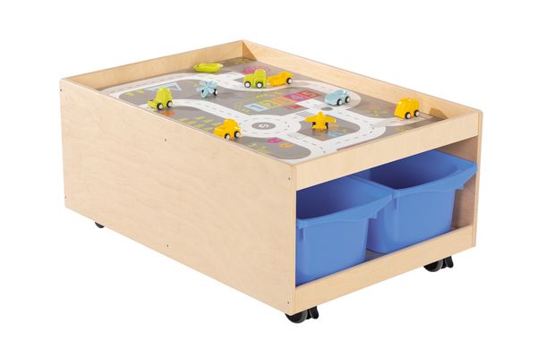 Holzspieltisch, Kauflwagen, Spielzeugautos, Kinderwerkbank, Aufbewahrungskästen