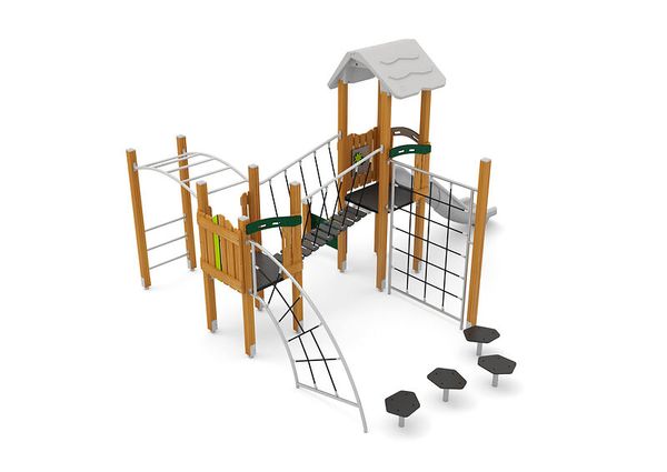 Überdachter Turm mit Rutsche, Kletternetz und Hangelelementen