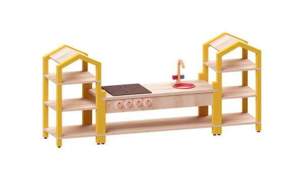 Playküche, Holzküche, Herdplatte, gelbe Regale, Kinderküche Set