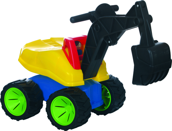 Kinderspielzeug, Kettendrehbagger, Bagger mit Schaufel, Gelbe Spielmaschine, Gummiräder, Grüne Felgen