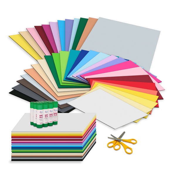ELVIRAS Tonpapier Spar-Set 300 g/m², 600 Bogen mit 12 Klebestiften und Scheren