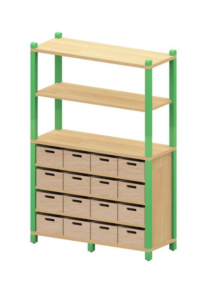 BasicPlus Stollenhochschrank, oben einem Regal und unten mit 16 Materialkästen mit 3 festen Böden