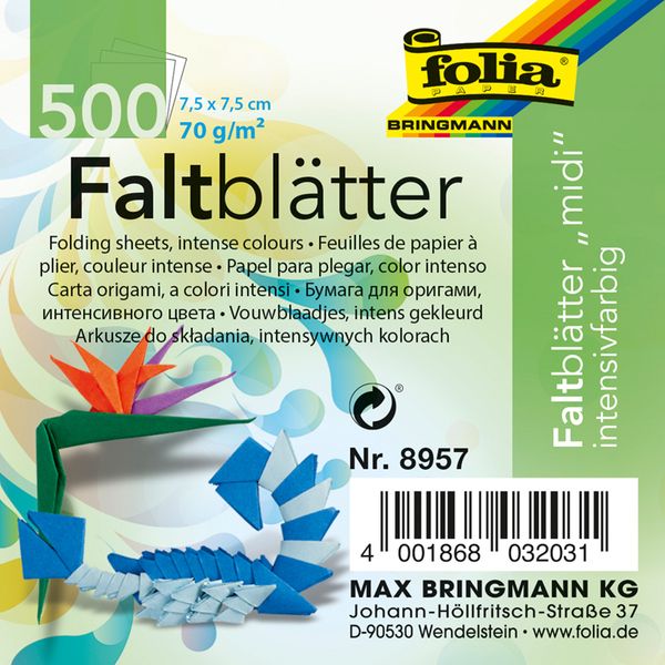 FOLIA Origamipapier Basic Mix, 7,5x7,5 cm, 500 Blatt bunt sortiert