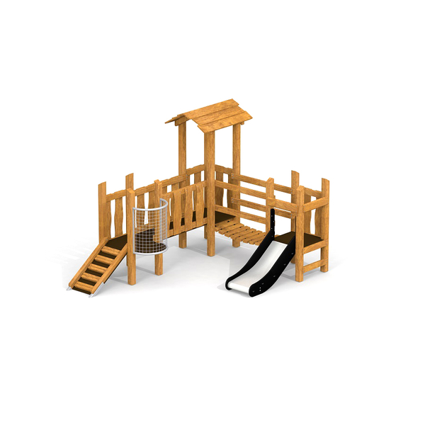 Holzspielplatz, Kletterturm, Rutsche, Schaukel, Spielgerät