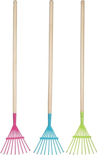 Gartenwerkzeug, Rechen, Holzstiel, bunte Kopfbeschichtung, 3-teiliges Set