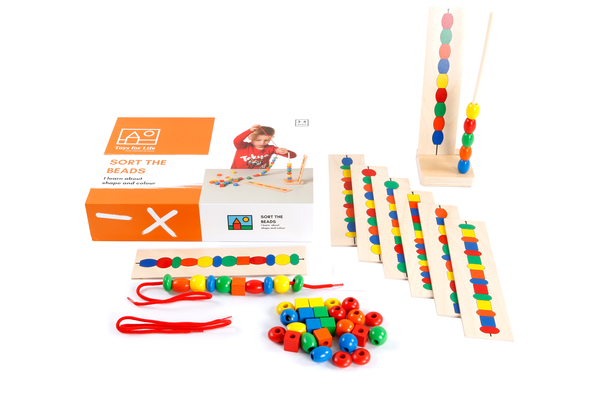 Perlen-Set, Farbperlen, Holzperlen, Sortierspiel, Sortierleiste