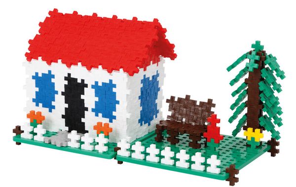 lego house, brick house, red roof, white walls, small garden