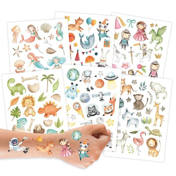 100 Kindertattoos zum Aufkleben – Bunter Mix (Meerjungfrau, Zirkus, Ritter & Prinzessin, Dinos, Tiere, Weltall)