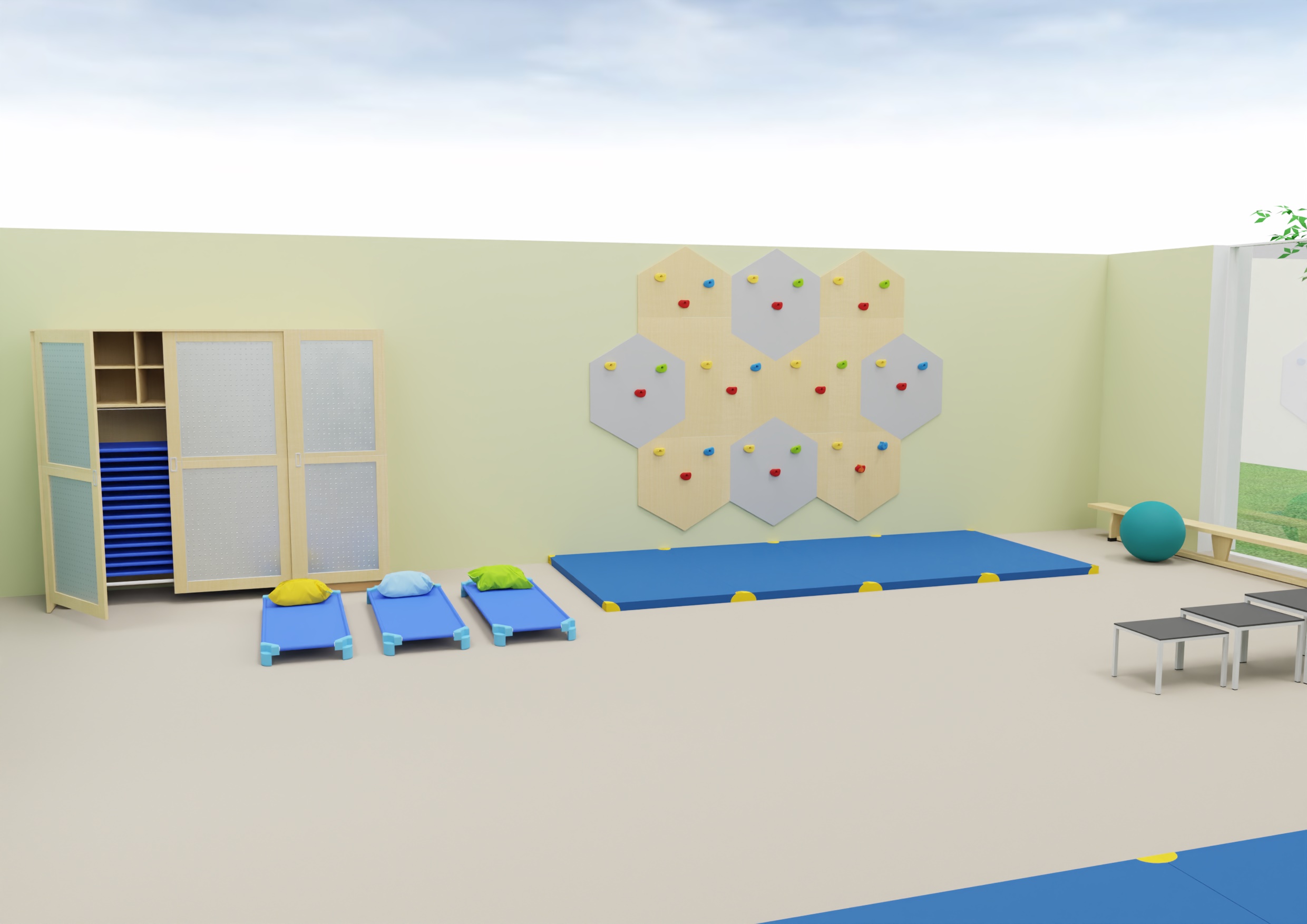Darstellung eines Mehrzweckraumes in der Kita mit Kletterwand