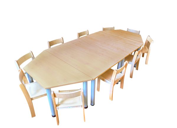 Tisch-Stuhl-Kombination Magno zargenlos, Buche hell, Metallbeine feststehend Tisch-Stuhl-Kombination Magno zargenlos, Buche hell, Metallbeine feststehend