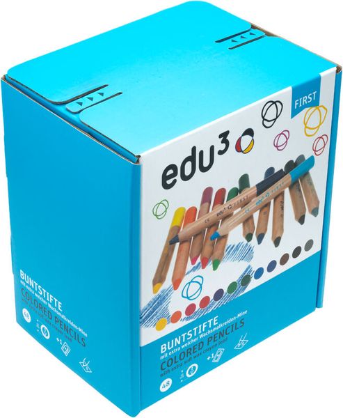 edu3 Edufirst Buntstift, rund, inkl. Spitzer, in 12 Farben sortiert, 48 Stück im Holzaufsteller