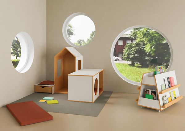 DECOR Leseecke - 2 Häuser,1  Podest mit Rollkiste, Kasten, Matten, Bücherwagen und Teppich für Krippen- und Kindergartengruppen
