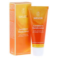 Sonnencreme, Handcreme, Tube, orangene Verpackung, Weleda