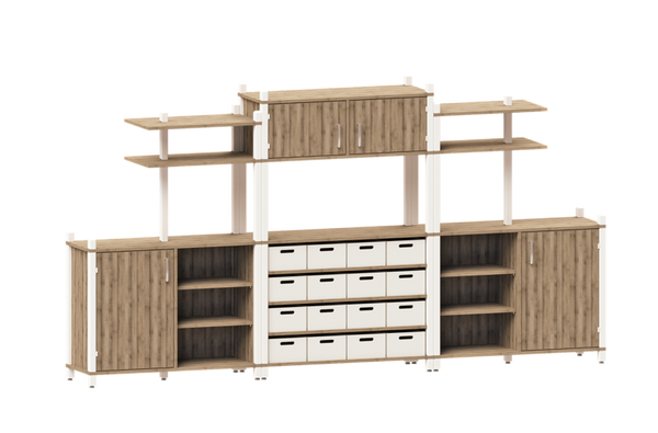 Wohnzimmerschrank, Kompaktregal, Holzfinish, Offenes Regal, Schubladenkommode