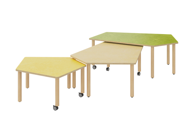 BasicPlus Fünfecktisch mit 2 Rollen klein, Multiplex mit Linoleum-Belag, Farbe & Größe wählbar