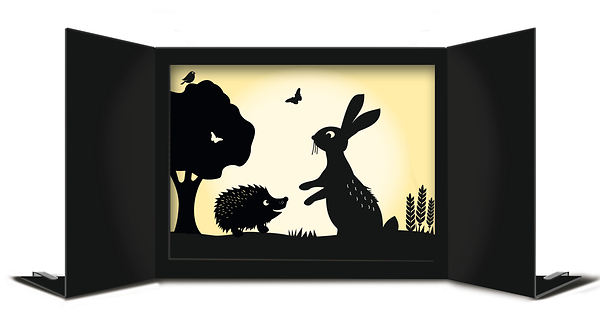 Schwarz-Weiß-Silhouette, Tierszene, Hase, Igel, Bühnenszene