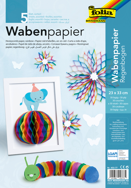 FOLIA Wabenpapier Regenbogenfarben, 34,5 x 49,5 cm, 5 Bogen