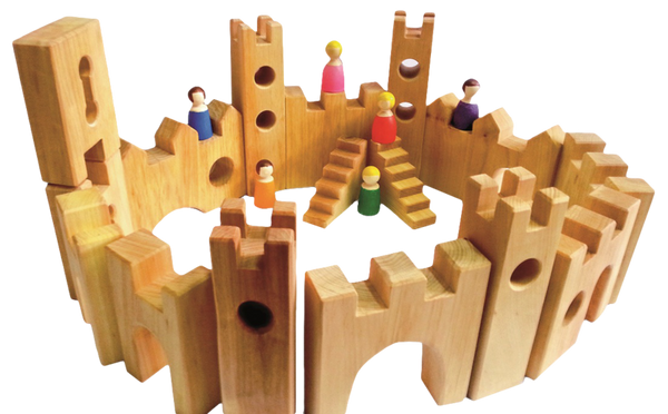 Holzspielzeug, Kastenspiel, Plättchenkonstruktion, Holzziegel, Kleine Figuren