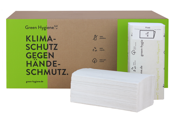GREEN HYGIENE Palette - CO2 neutralisiertes Handtuchpapier 2-lagig, FRIEDA, weiß, V-Falz, 25x23 cm, 128.000 Blatt GREEN HYGIENE Palette - CO2 neutralisiertes Handtuchpapier 2-lagig, FRIEDA, weiß, V-Falz, 25x23 cm, 128.000 Blatt