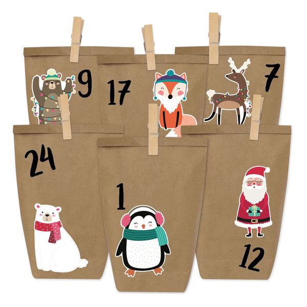 Adventskalender, Stofftaschen, Weihnachtsmotiv, Tieraufdruck, Kartenkalender