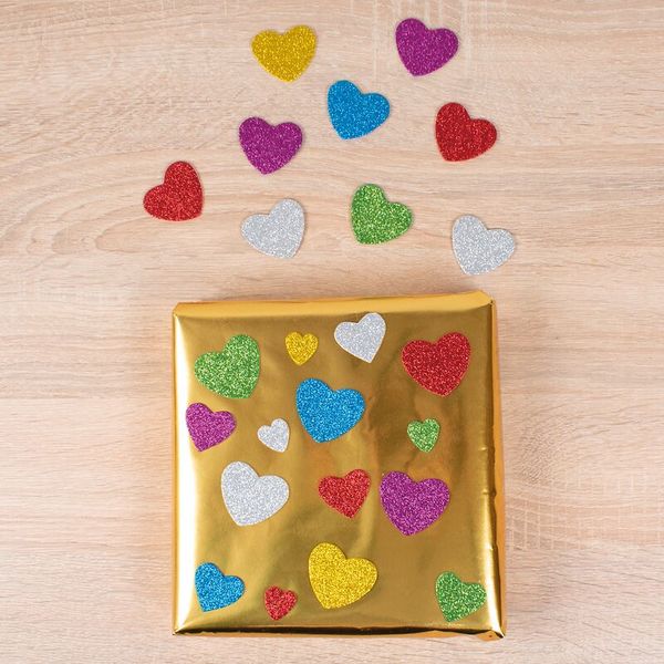60 Moosgummi-Glitter-Sticker Herzen in 3 Größen, selbstklebend