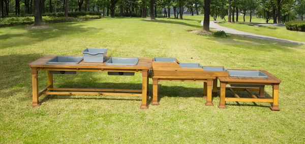 outdoor sink, wooden table, garden station, grill stand, wooden kitchen