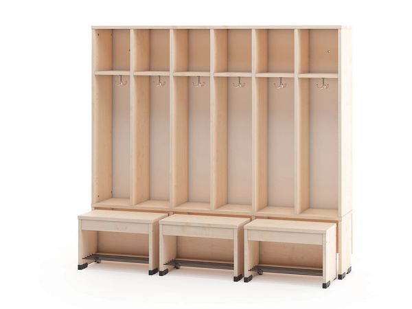 Garderobe mit beweglichem Sitz, 6 Plätze, Türfarbe und Sitzhöhe (26/31/35 cm) wählbar Garderobe mit beweglichem Sitz, 6 Plätze, Türfarbe und Sitzhöhe (26/31/35 cm) wählbar