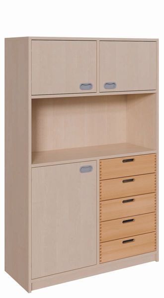 Schrank mit 5 Massivholzschüben, Türen, offenes Fach (B/H/T: 102 x 160 x 40 cm)
