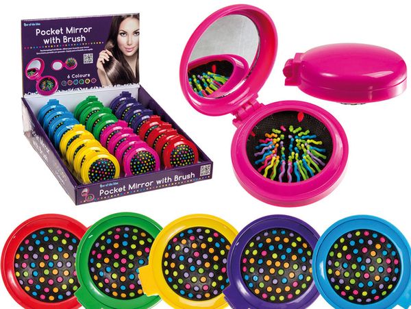 Taschenterm, ?, das image shows pocket mirror with brush?, mirror, makeup, cosmetics, pink case, compact mirror, brush, glow dots