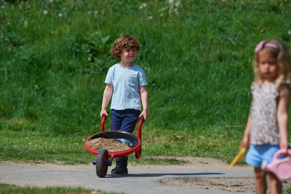Kinder, Spielzeug, Schubkarre, Sandfahrzeug, Grünfläche