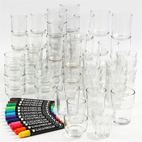 Set mit 72 Teelichtgläsern und 12 Permanentmalstiften Set mit 72 Teelichtgläsern und 12 Permanentmalstiften