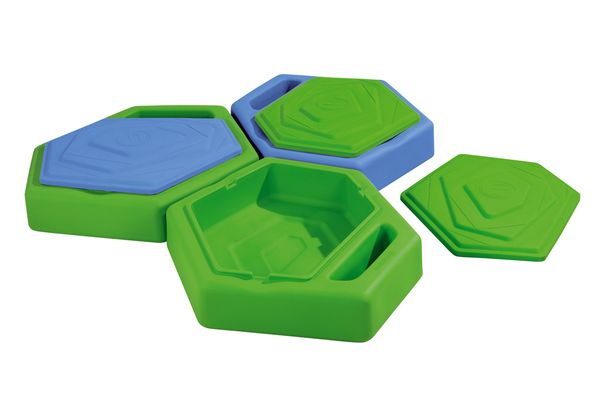 Spielzeug, Konstruktionsspielzeug, stapelbar, Deckel, grün-blau