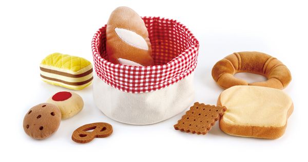 dollhouse food, toy cookies, fabric basket, pretzel ring, bread slices