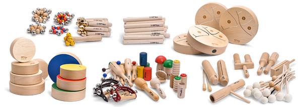 wooden toys, drums, xylophone mallets, wooden discs, paint bottles