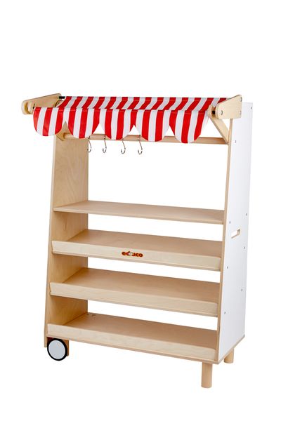 holzregal, regal mit rollen, seilaufhängung, rotes streifen muster, hängeregale spielzeug