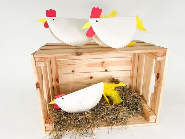 Huhn, Sammelnest, Stroh, Holzkiste, Kartonhuhn