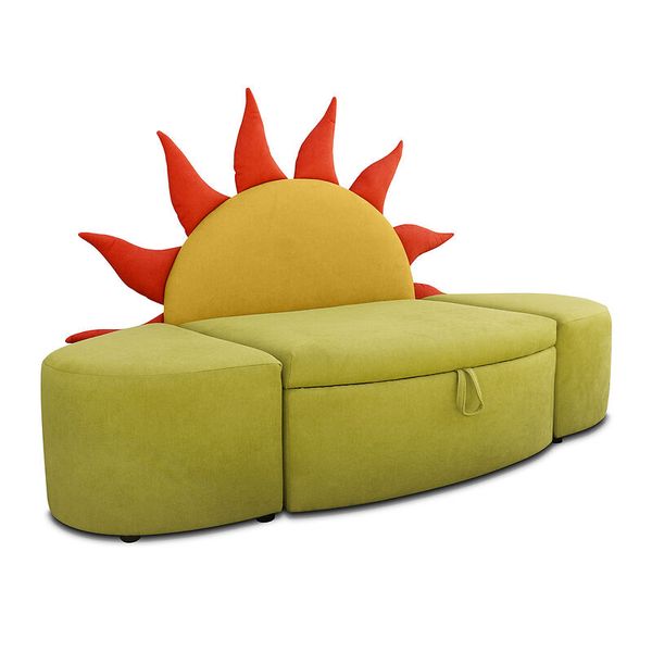 sofa, sectional, grün, sonnenform, kissenähnliche rückenlehne