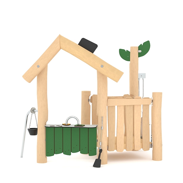 Holzspielhaus, Klettergerüst, Spielküche, Naturholz, Sandkasten