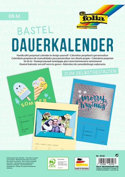 FOLIA Bastel-Dauerkalender, DIN A4, farbig sortiert, 12 Monatsseiten, 1 Stück
