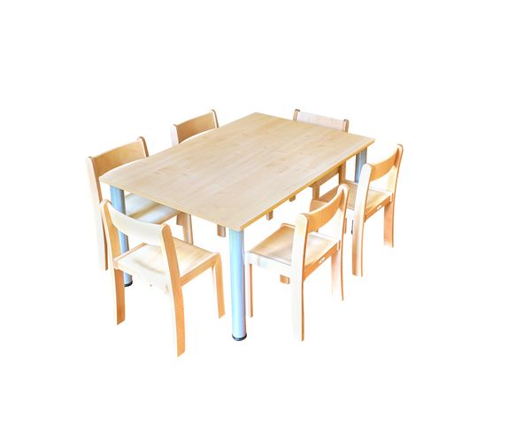 Tisch-Stuhl-Kombination Recto zargenlos, Buche hell, Metallbeine höhenverstellbar Tisch-Stuhl-Kombination Recto zargenlos, Buche hell, Metallbeine höhenverstellbar