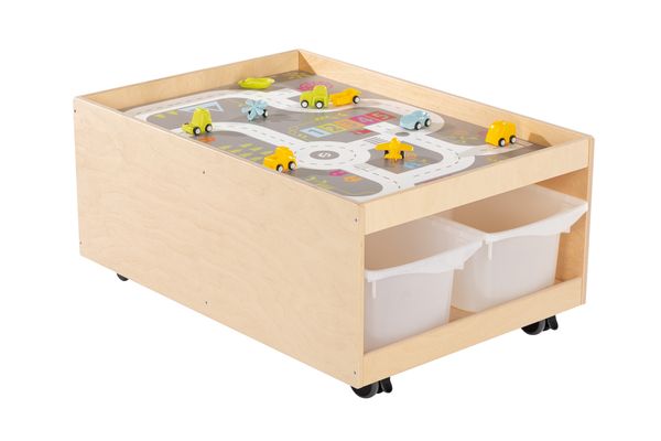 Holz Spieltisch, Koffer Spieltisch, Holzbox mit Rollen, Kinder Spieltisch, Spielzeugtablett