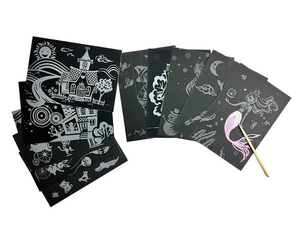 Kratzpapier „Motive“, 30 Blätter (20 x 14 cm), 15 verschiedenen Motive + 30 Kratzstifte