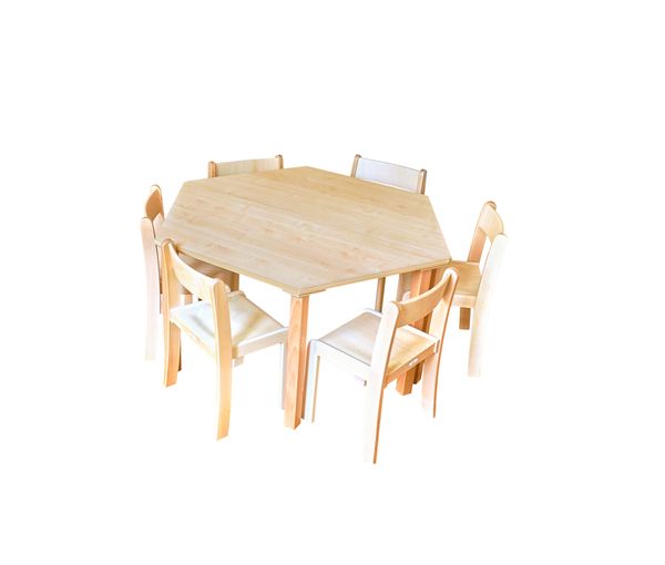 Tisch-Stuhl-Kombination Trapez zargenlos, Buche hell, Holzbeine Tisch-Stuhl-Kombination Trapez zargenlos, Buche hell, Holzbeine